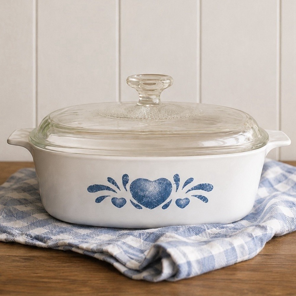 VTG Blue Heart Corning Ware A-2-B  Casserole Dish W/ Lid 2Qt USA Country Cottage